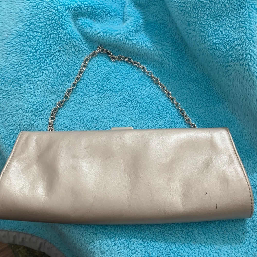 Ann Taylor Metallic Cream Clutch with Silver Chain